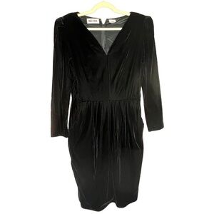 Vintage Maggy London 80s Velvet Black V Neck Pleated Dress With Pockets Size 14